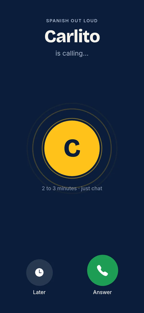 Spanish Out Loud screen: Carlito is calling